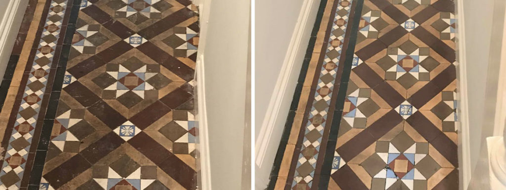 Victorian Tiled hallway floor before and after cleaning and Sealing Swansea